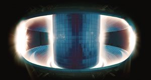 In the heart of the Korean tokamak KSTAR, in operation since 2008, a plasma pulse burns brightly.  But don't be fooled—the brightest areas of the photo are in fact the coolest. At 150 million °C (the temperature in the centre), the plasma doesn't emit in the spectrum of visible light. © National Fusion Research Institute, Korea